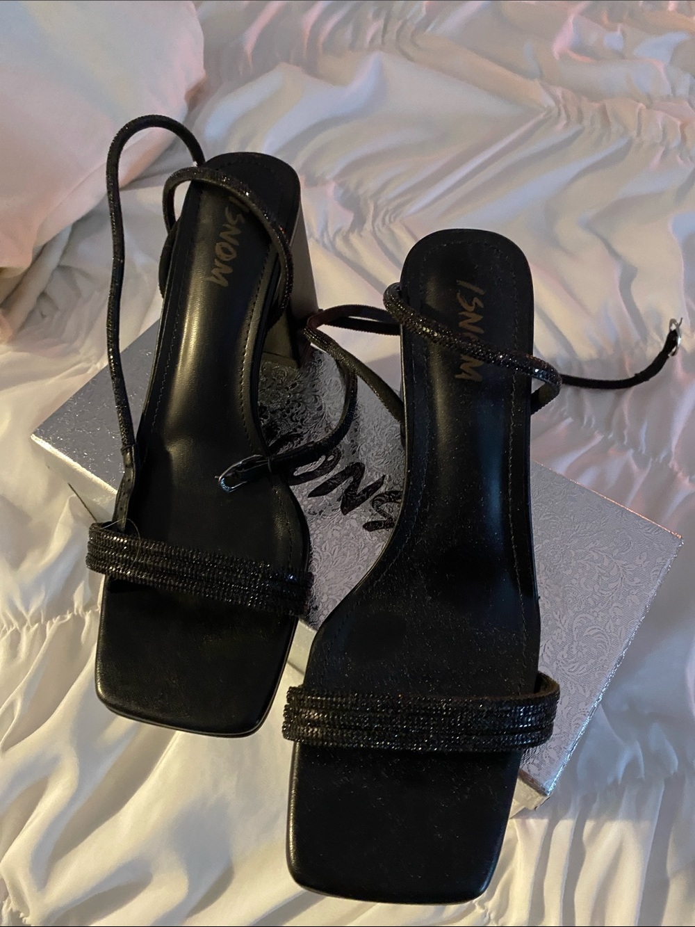 Black Beaded Square-Toe Strappy Heels